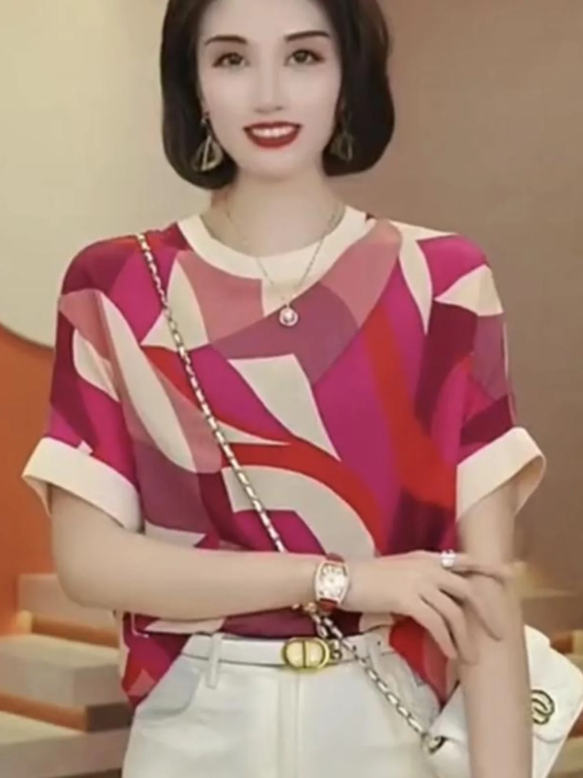 Ele Loose Women's T-irt Summer New Sle Printed Chiffon ort Sve round Ne Korean Sle Comfortable Breeze Feeling