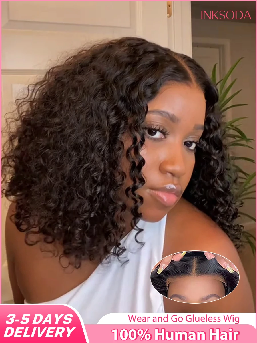 

Wear And Go Curly Glueless Bob Wigs Human Hair Ready to Wear Deep Wave Wig Lace Front Wigs Pre Plucked Pre Cut Lace Closure Wigs