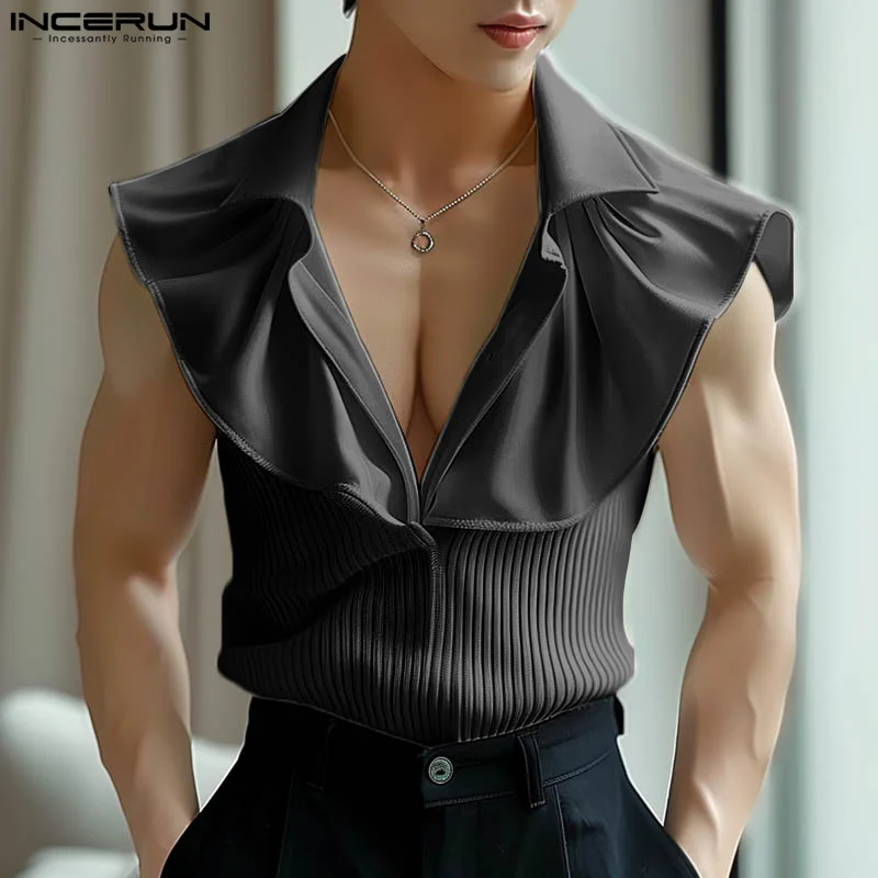 

INCERUN Men Shirt Ruffle Patchwork Lapel Sleeveless Streetwear Summer Knitted Male Shirts 2024 Fashion Casual Men Clothing S-5XL