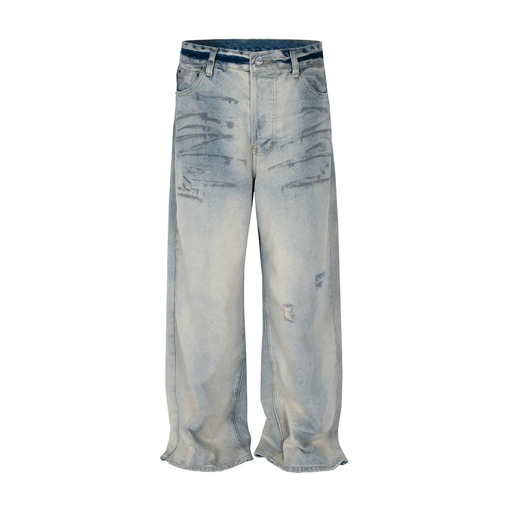

Vintage Cleanfit Damaged Hole Blue Baggy Jeans Pants for Men and Women Washed Casual Wide Leg Loose Denim Trousers Oversized