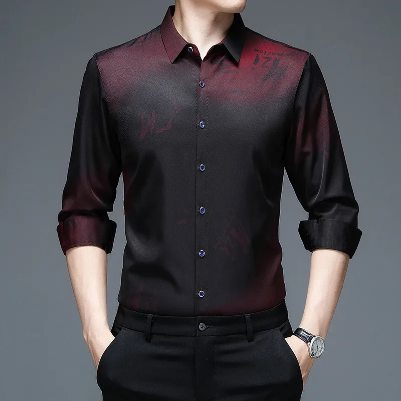 Wine Red Black Mens Dress Shirts New Fashion Long Sleeve Shirt Men Slim Fit Wrinkle-resistant Soft Non-Iron Quality Shirt Male