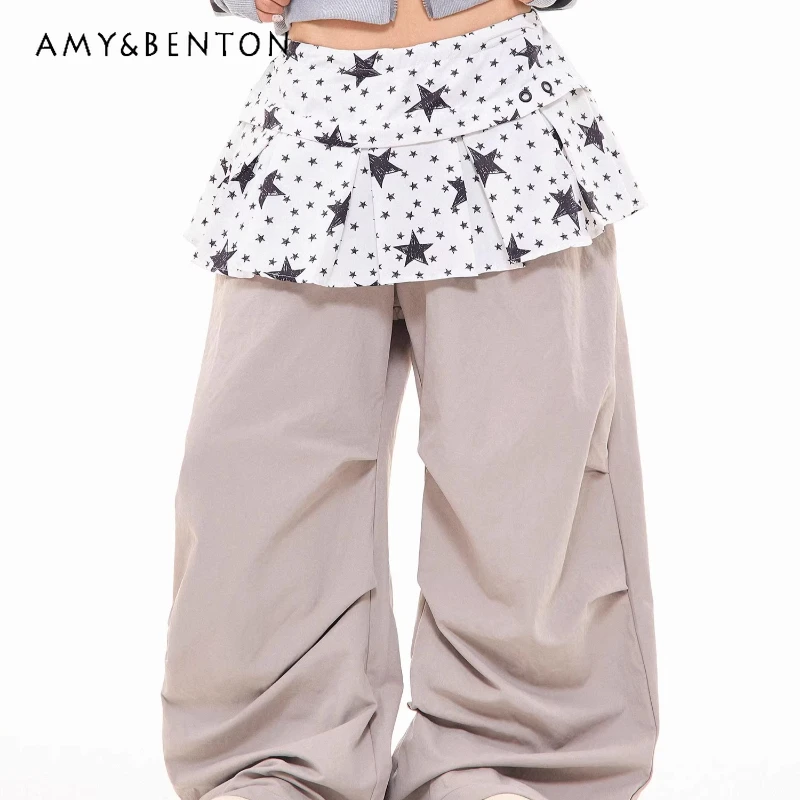 

American Retro Design Star Print Pleated Skirt Layered Women's Casual Pants Autumn New Loose Ruched Wide-Leg Culottes Ladies
