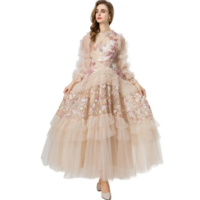 2025 Spring/Summer European Style New Round Neck Retro Embroidered Sequins Flower Ear Edge Mesh Dress Long Skirt Dress