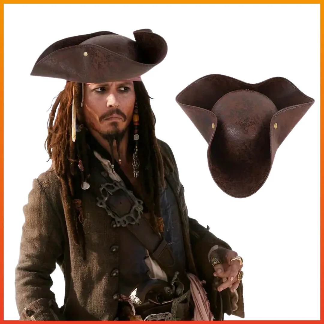 Unisex Faux Leather Pirate Hat Brown Captain Hat Vintage Button Masquerade Party Cosplay Costume Hat for Men Women Cosplay Props