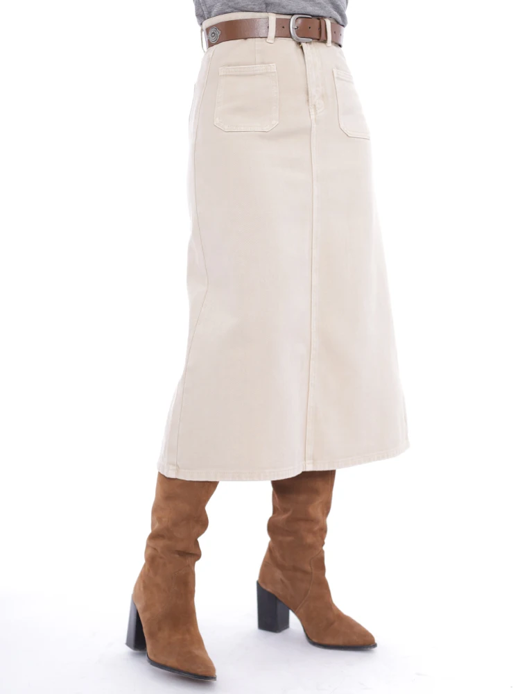 

High Waist Washed Denim Fabric Half Skirt with Pockets Milk Apricot Color Autumn Winter A-Line Skirt Commute Style Pure Color