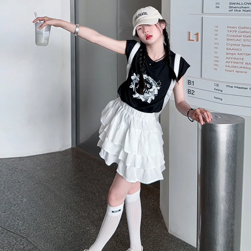 

2PCS Children Clothing Sets for Girls Summer Teen Kids Clothes 5-14 Year Girls Bow Cotton T-shirt + Short Skirt Suit