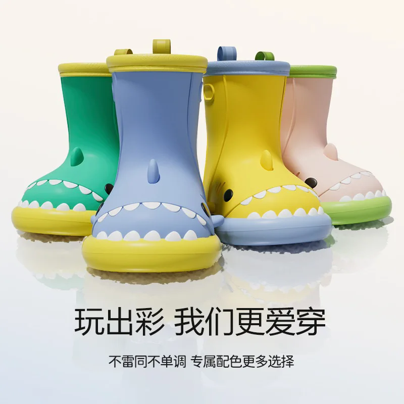 Cute Popular Waterproof  Soft Sole Little Boys Girls Parent Child Shark Rain Boots Summer Anti Slip Cartoon Mid Calf Water Boots
