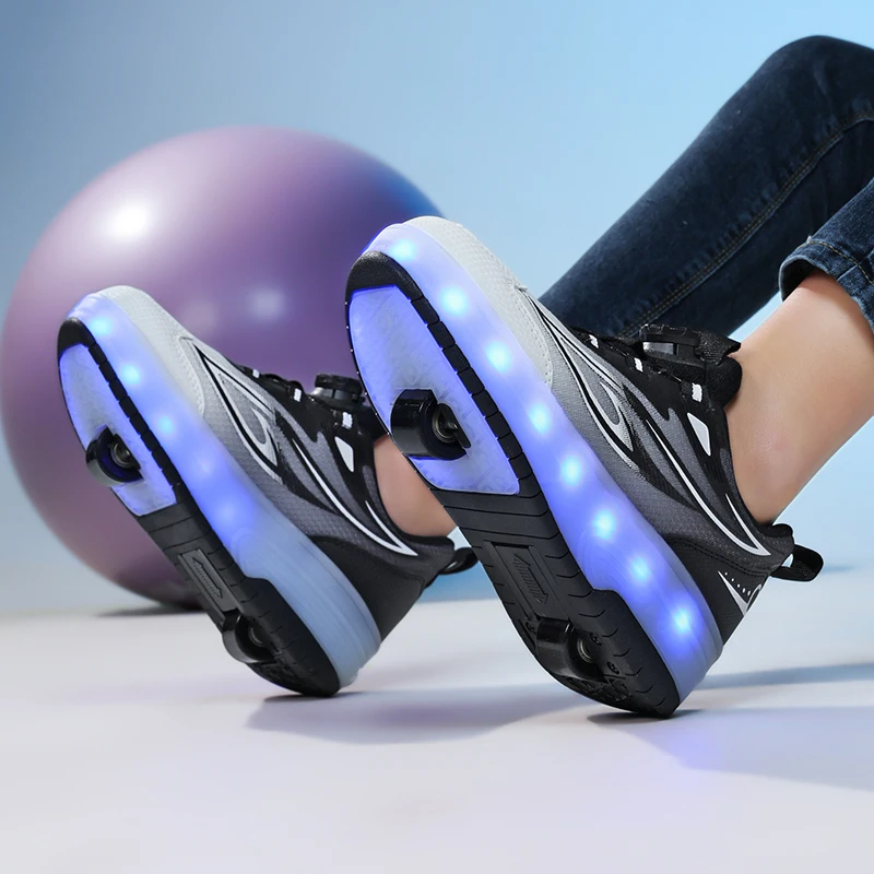 子供の変形ホイールスケートローラースケート靴 LED ライトスニーカー 2 輪カジュアル変形パルクール靴