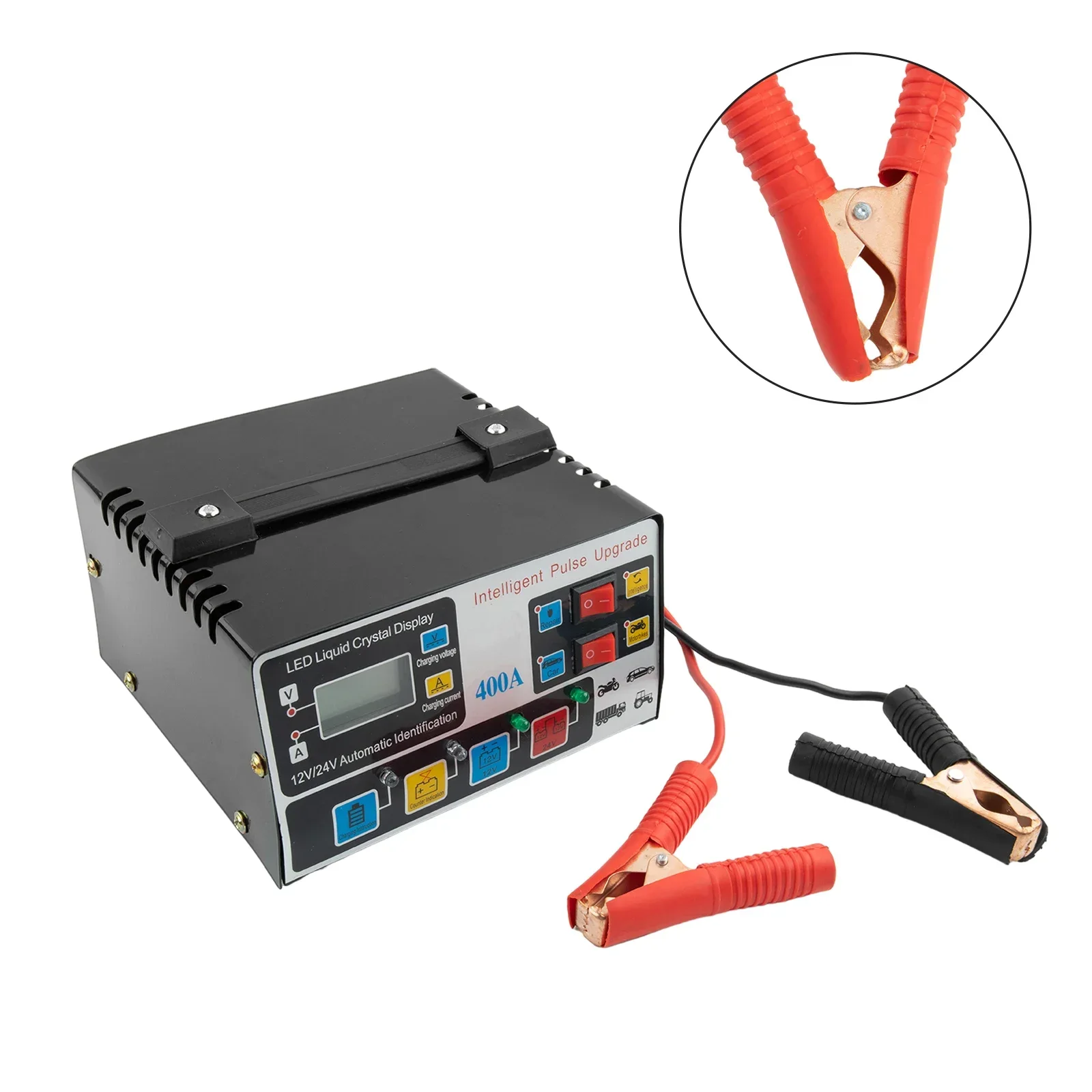 

English Manual Battery Charger Metal Voltage Detection 12V /24V 2pcs/Kit 50-60Hz 7-8A 80 Cm Good Insulation High Efficiency