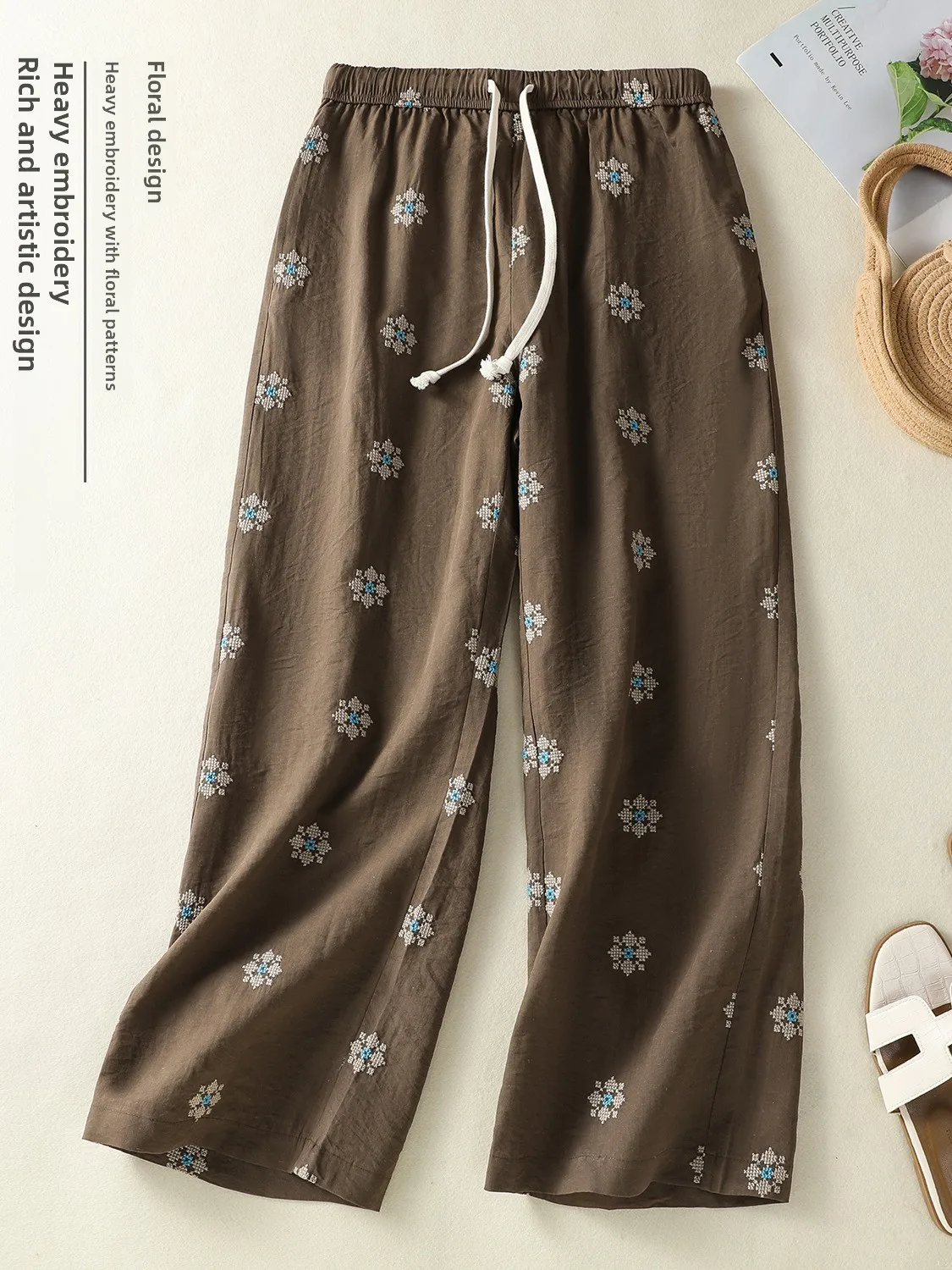 

Японские широкие брюки с цветочным принтом, хлопок и лен, повседневный прямой крой, свободные летние прохладные дышащие женские брюки...