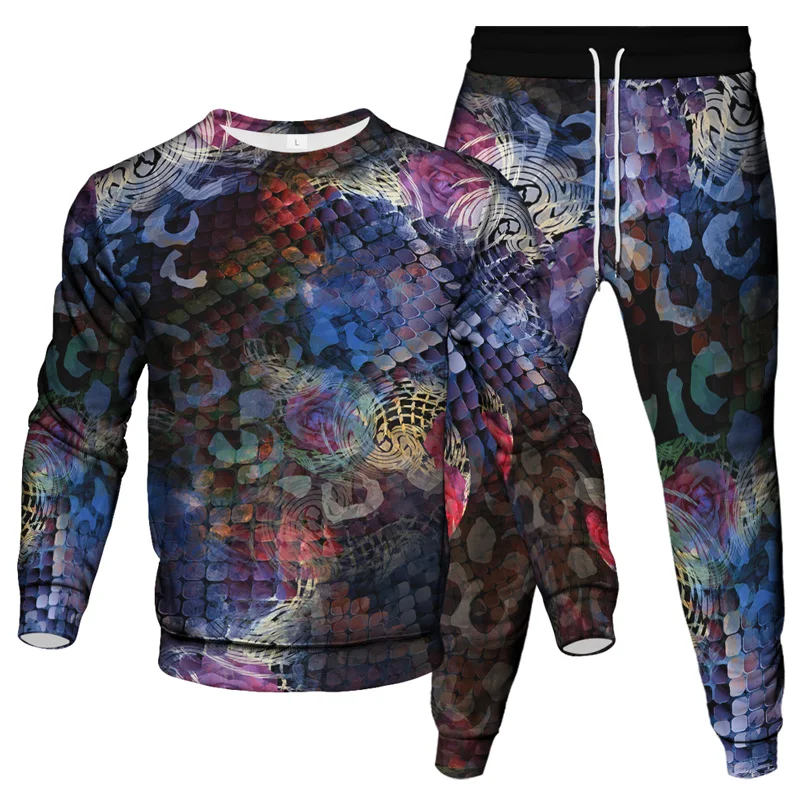 Fashion Colorful Splash Ink 3D Print Men\'s Sportswear Set Long-Sleeved T Shirt Pants 2-Piece Set Oversized Pullover Men Clothing