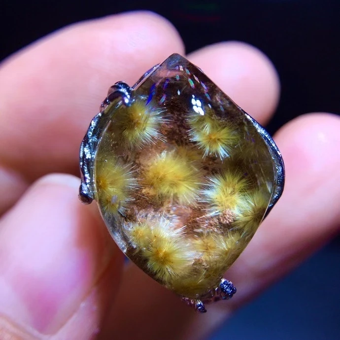 

Natural Gold Rutilated Quartz Adjustable Ring Oval 13.5*11mm Women 925 Silver Yellow Rutilated Beads AAAAAA