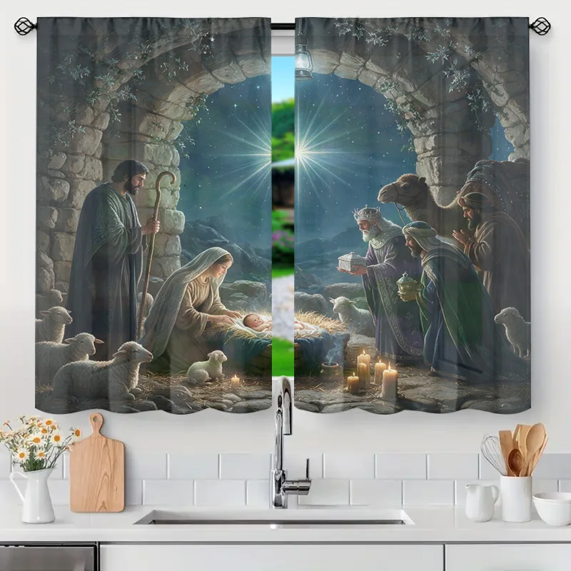 Nativity Christmas Window Curtain Drapes Christian Art Three Wise Men Jesus Stable Scene Holiday Home Decor Semi-Sheer Window Pa