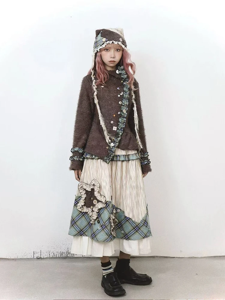 منقوشة المرقعة طيات التنانير للنساء Y2K الخريف عالية الخصر الربط فضفاض ميدي التنانير الكورية الحلو Preppy ألف خط التنانير Mujer