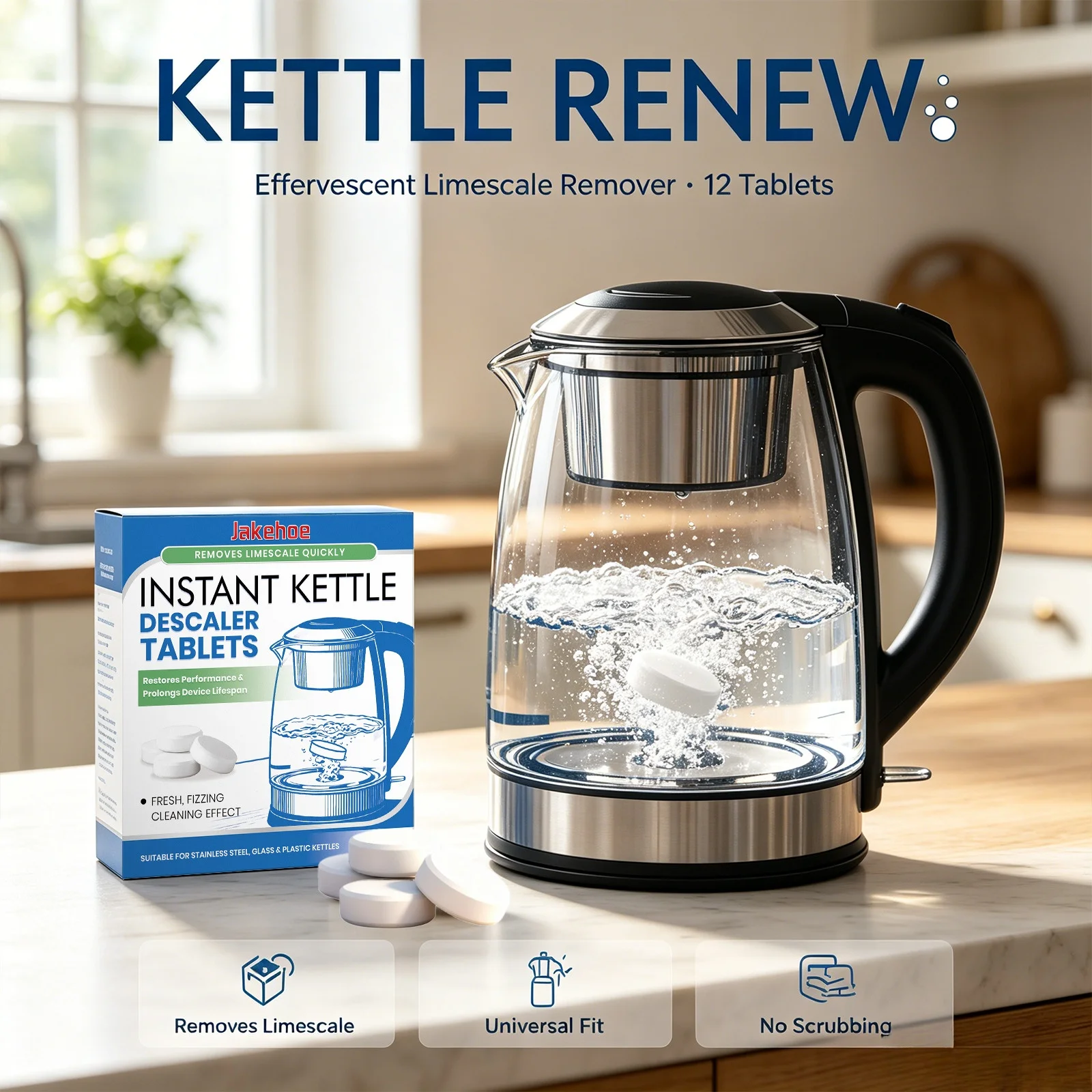 Kettle Descaler Tablets Effervescent Limescale Remover Remove Mineral Deposits Stainless Steel Glass Universal Cleaning Tablets