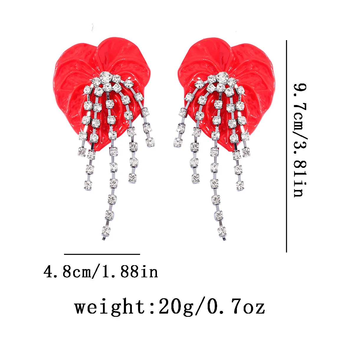Metallrote, herzförmige, glänzende Kristall-Quasten-Ohrringe für Damen, Statement-Schmuck, Geschenke für Feiertage und Partys – Detail 1