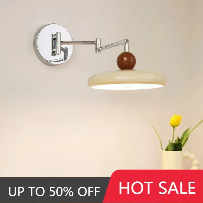 2025 Medieval Rotatable Long Arm Rocker Bedroom Bedside Wall Lamp French Cream Wind Wiring-free Remote Control With Plug Lamp