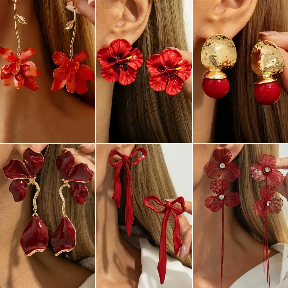 Exaggerate Personality Red Drop Glaze Stereo Flower Bowknot Long Stud Earrings for Women Fashion Designer Jewelry Accessories