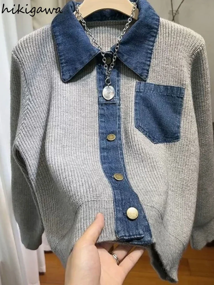 Casual Cropped Cardigan Jackets Women\'s Clothing Patchwork Denim Fashion Sueter Mujer Long Sleeve Knitting Sweater Y2k Tops