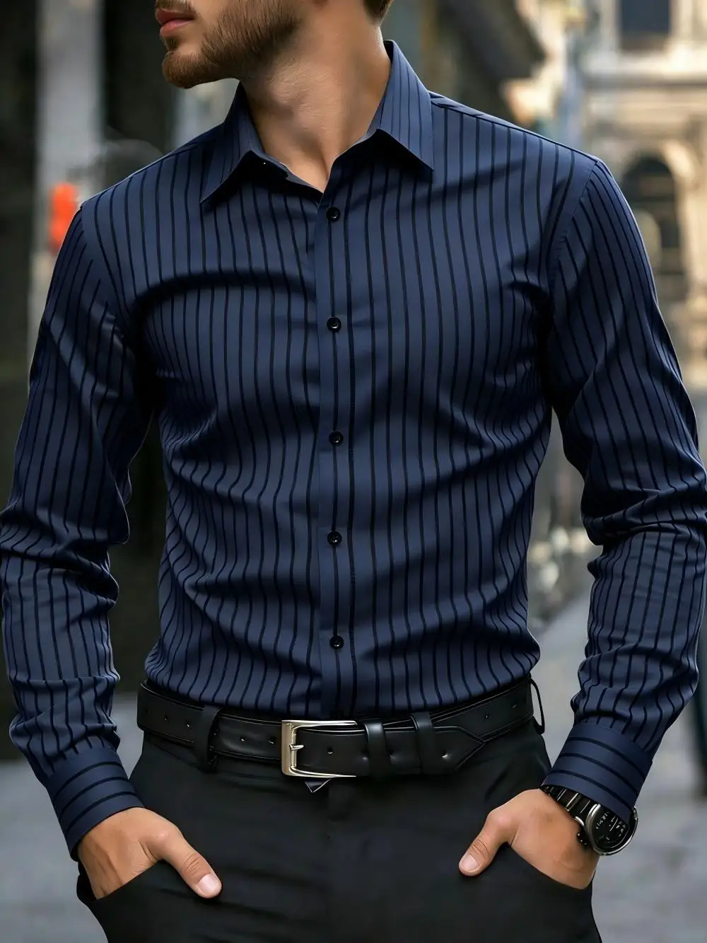 Men's striped button up shirt, long sleeved collared business top, regular striped top, formal, ceremonial dress