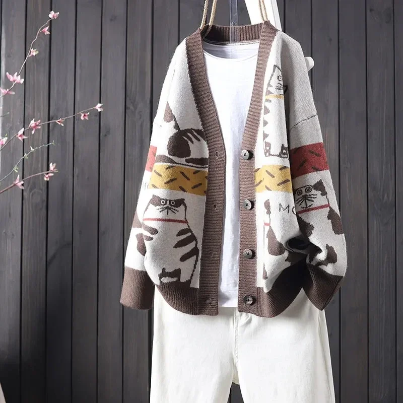 Women\'S Knit Print Cardigans Patchwork Autumn Winter Button Patchwork Long Sleeve Knitted Top Loose Oversized Sweater Coat