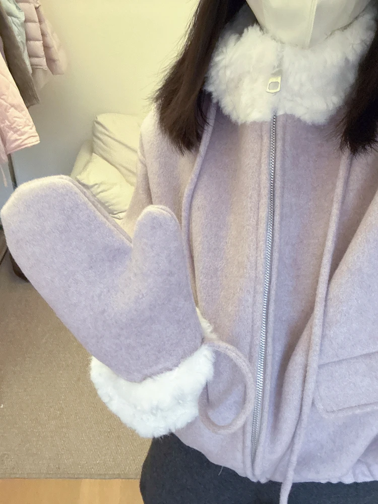 

Женская зимняя свободная утепленная куртка Xiao Yan Home Taro из фиолетовой шерсти с флисовой подкладкой, воротником-стойкой и перчатками, модель Sweet S