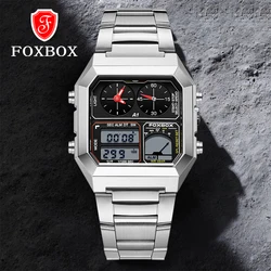 FOXBOX-Montre-bracelet multifonctionnelle en acier inoxydable pour hommes, montres à quartz, affichage des touristes d'affaires, chronographe de 24 heures, étanche