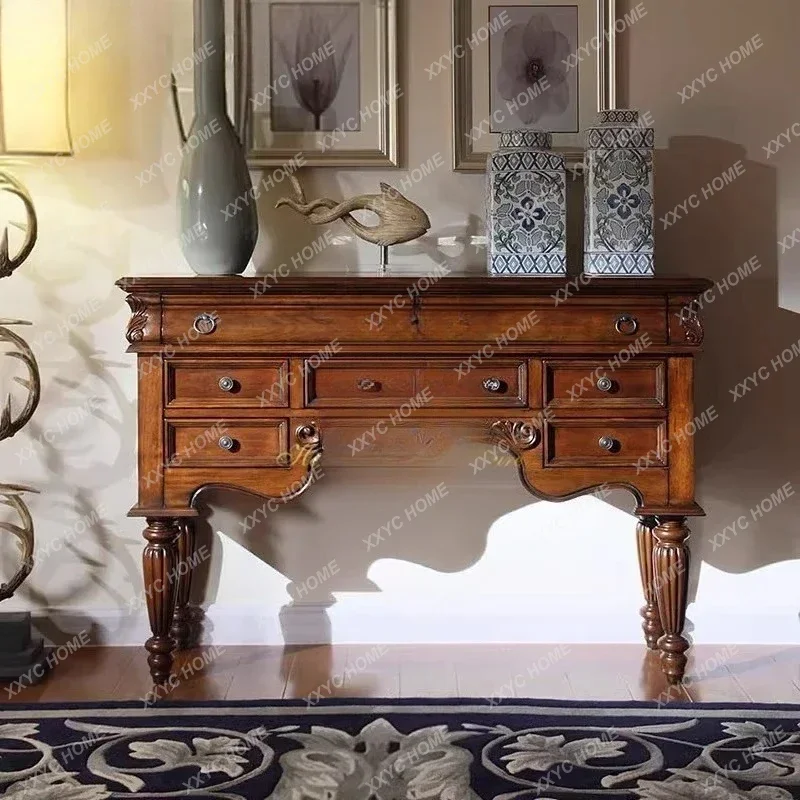 DVNew arrive   Retro Dressing Table Solid Wood Carved Entryway Table Hallway Cabinet Decorative Table