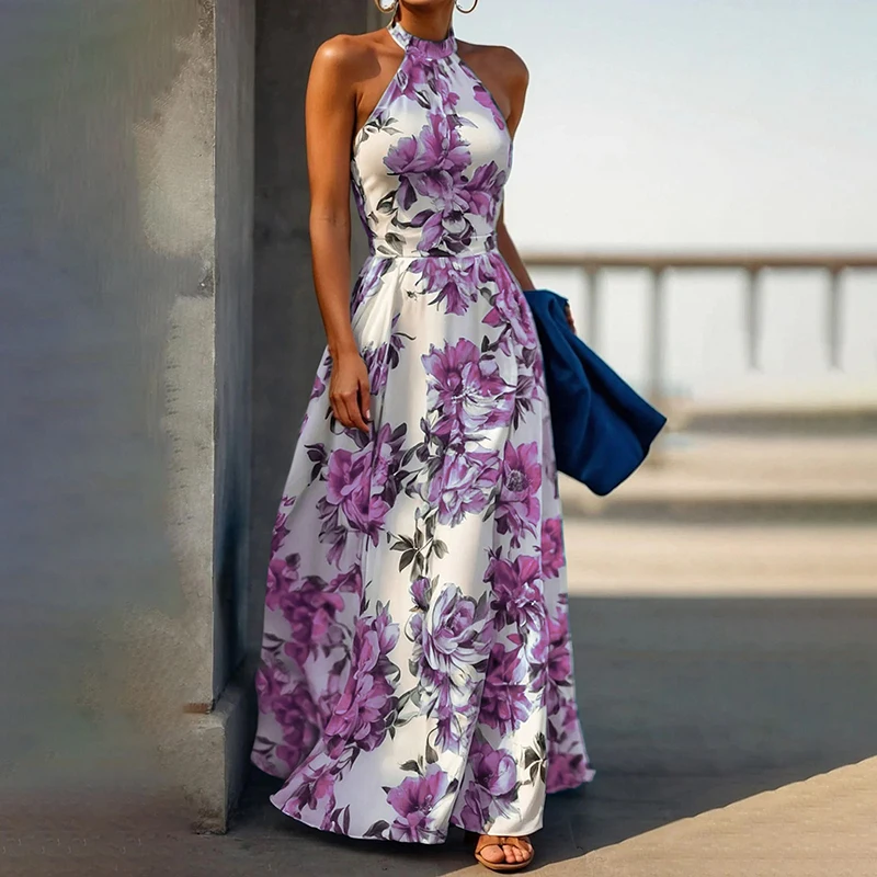 Vestido bohe elegante sin mangas con cuello Halter, vestido de vacaciones drapeado con estampado de moda de verano, vestido largo ajustado informal de cintura alta para mujer