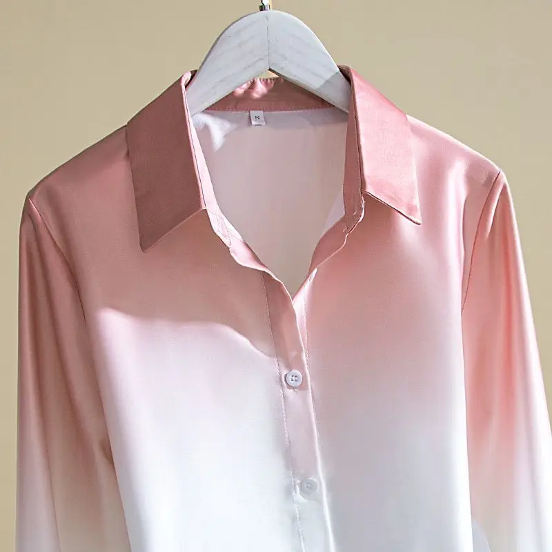 Personality Gradient Office Single-breasted Blouse Women New Classic Long Sleeve Loose Polo Collar All-match Chiffon Shirt 2023