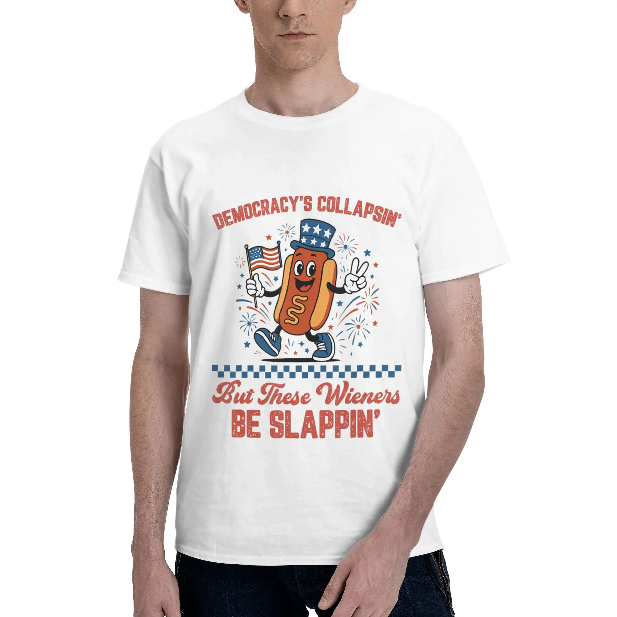 Democracy's Collapsing Hot Dog 4th July 250 Years Men T-Shirt Clothes  Creative Tees Short Sleeve fugees Cotton