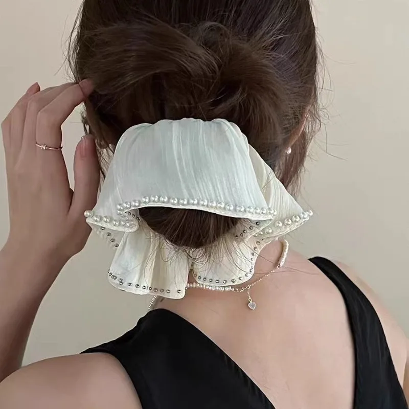 Retro Satin Pearl Pleated Oversized Scrunchie Headdress 2024 Autunn Winter Luxury Temperament Women Hair Band Hair Accessories