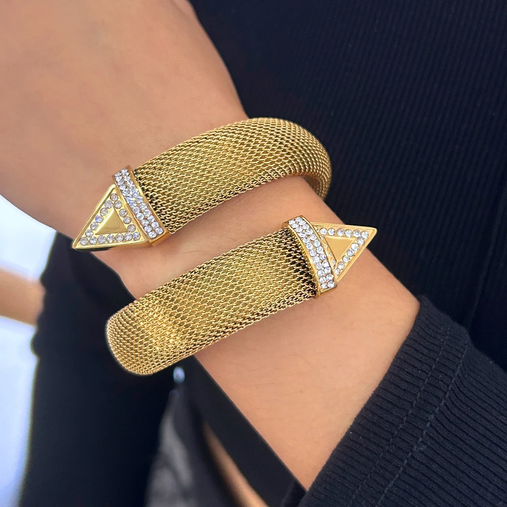 Attractive Gold Color Mesh Stainless Steel Cuff Bangle Charm 3A CZ Inlaid Arrows Chic Hand Accessories Waterproof