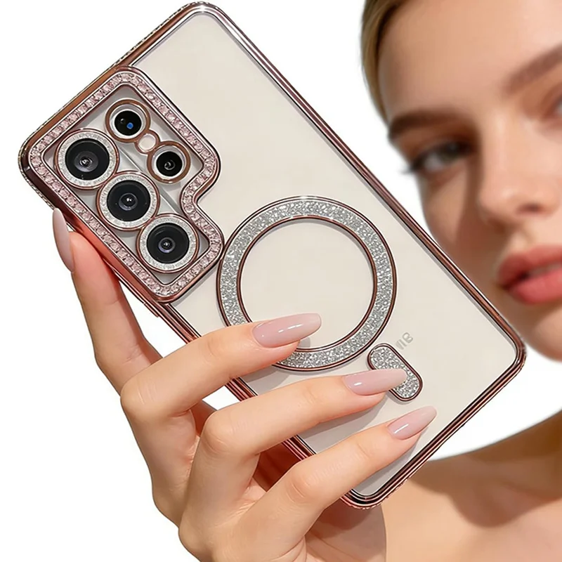 Magsafe For Plating Diamonds Wireless Charge Case For Samsung Galaxy S26 S25 S23 Ultra S24 FE Plus Edge Camera Protection Cover