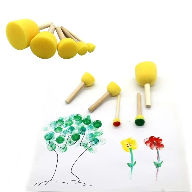 Brosse en mousse éponge avec manche en bois pour enfants, peinture d'art, matériaux de jouet de bricolage, 4 pièces par ensemble, 5 pièces par ensemble