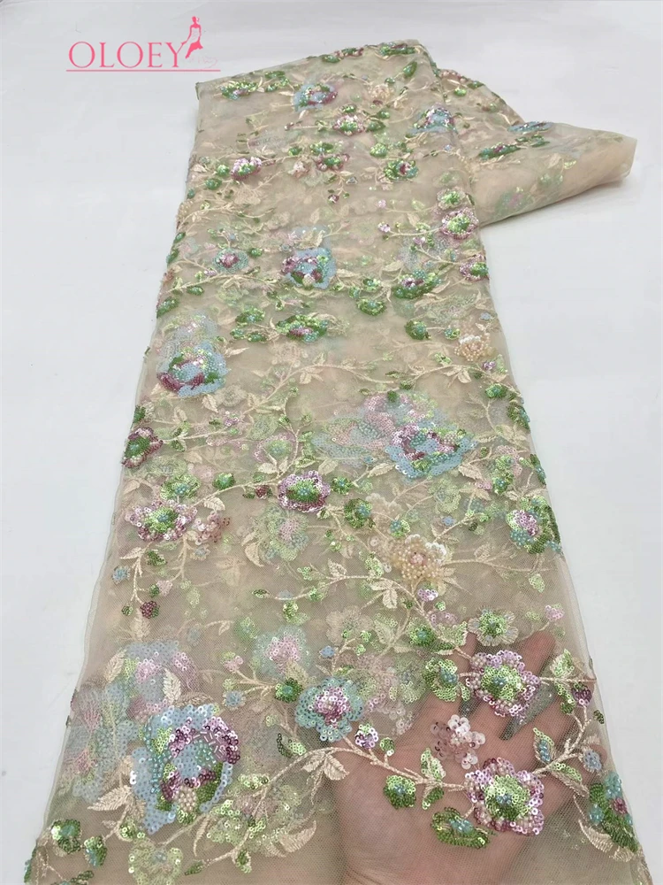 

OLOEY African Handmade Bead Lace Fabric 2026 Nigeria French Sequin Embroidery High-End Dress Fabric for Wedding Dresses And Sewi