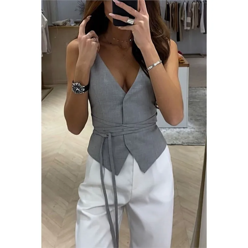 Elegant Chic Lace-up V-neck Women Vest Fashion Solid Slim Sleeveless Tops Female 2025 Spring Summer Fashion Sexy Lady Streetwear