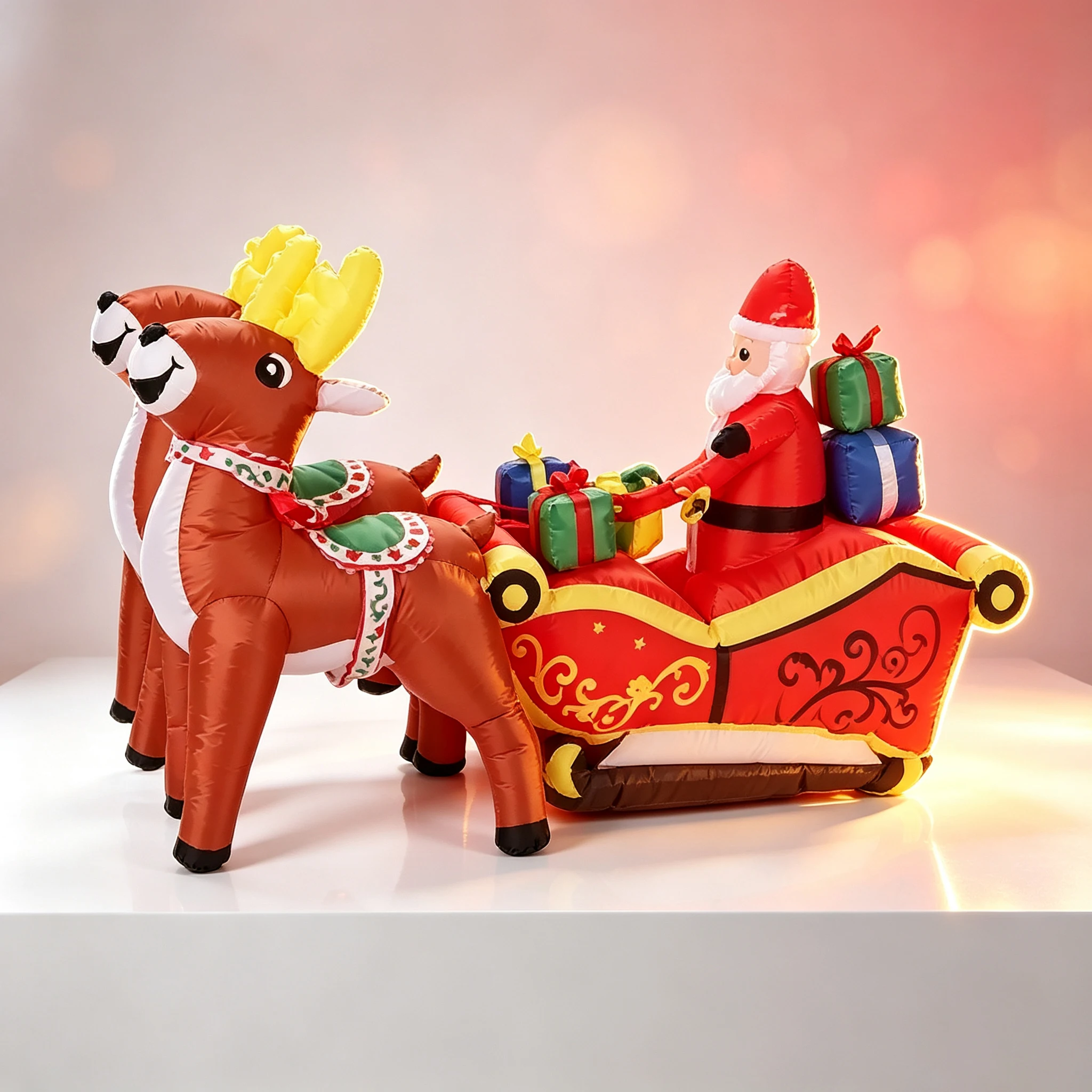 Inflatable Reindeer Pulling Santa Claus, Glowing Reindeer Pulling Santa Claus, Inflatable Santa Claus Reindeer