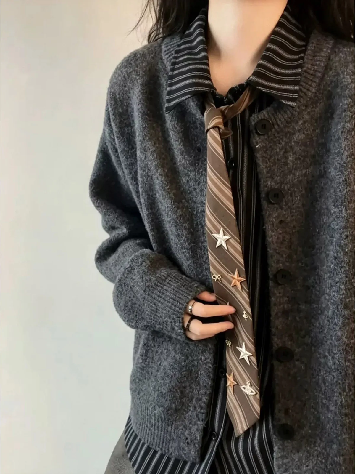 Deep Grey Open Cardigan Half High Neck Knitted Sweater Men's Casual Long Sleeve Loose Fit Trendy Autumn Wear Daily Use