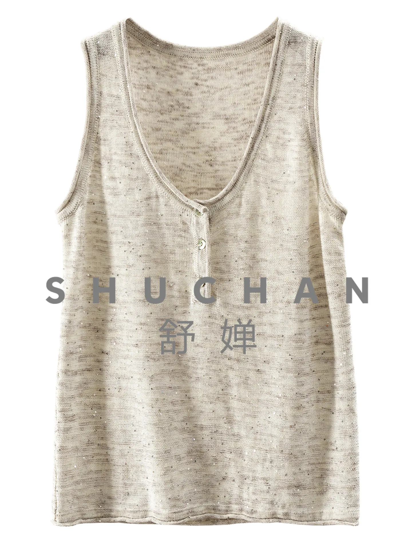 Summer Tank Top Sleeveless Contains Linen Flower Yarn Fine Flash Beads Knitted Sling Vest Women 59L6