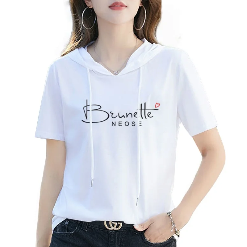 

Summer Women's White Hooded Short Sleeve T-shirt Plus Size Fashion Loose Casual Sweet Cartoon Printed Half Sleeve Hoodie