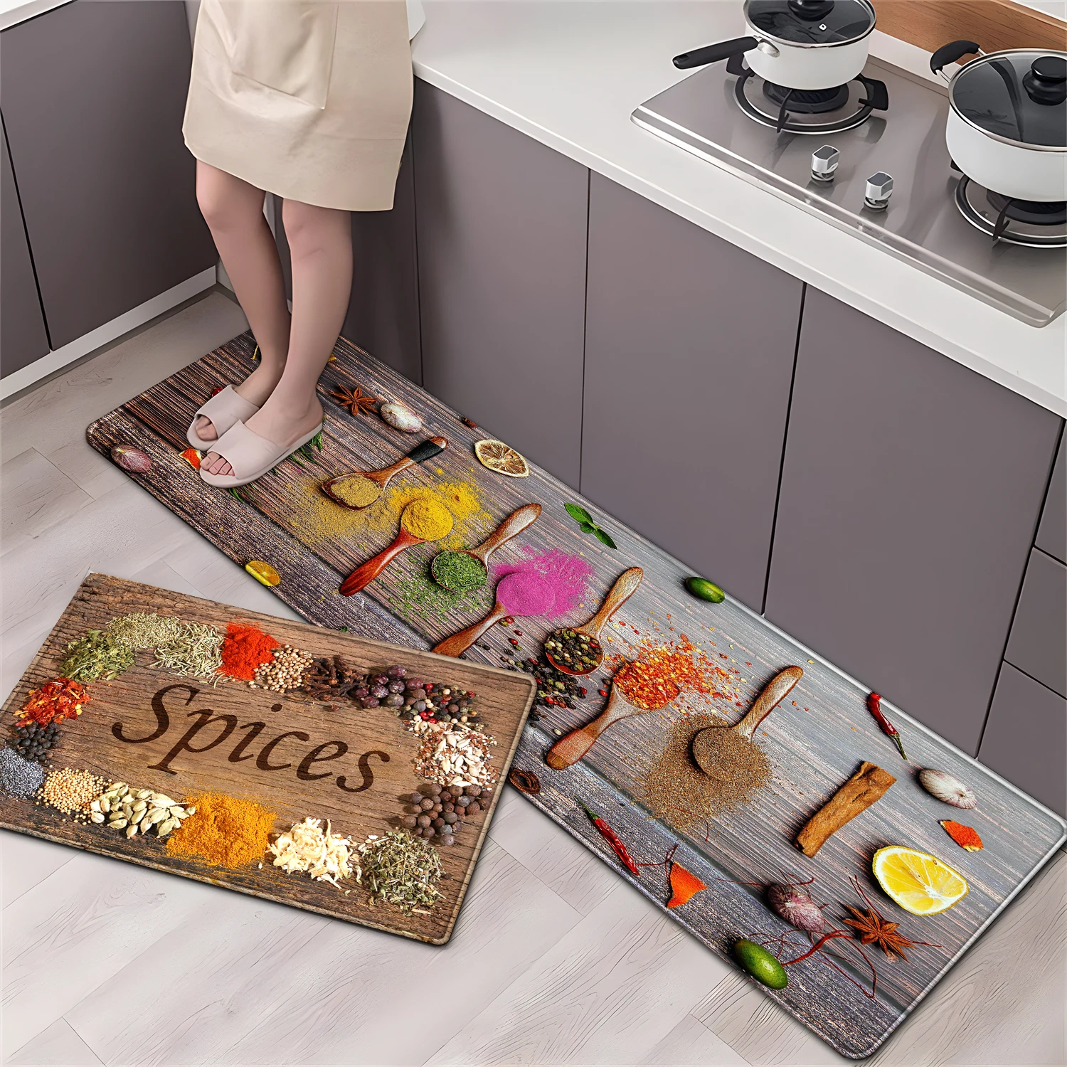 2 pieces/set gray brown wooden board seasoning printing kitchen floor mat living room decoration carpet home hallway hallway