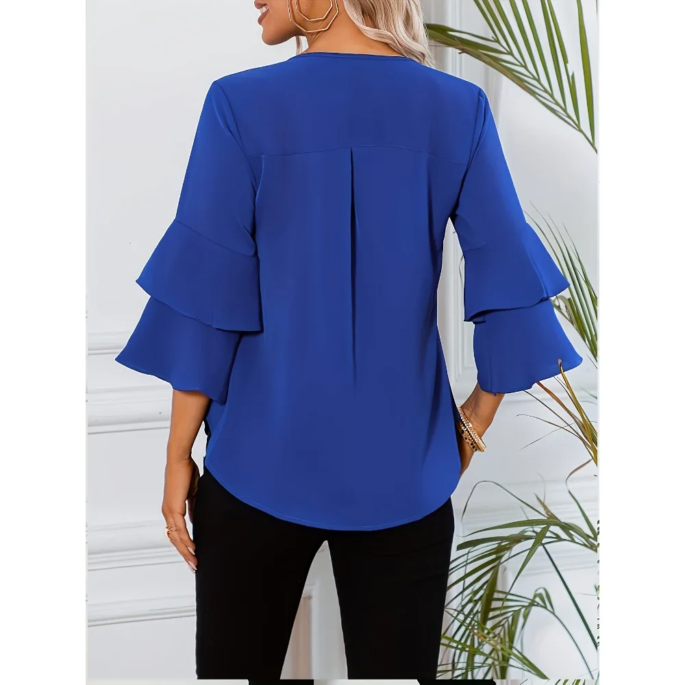 Camisa holgada informal de talla grande 1XL-5XL para mujer, camisa de manga acampanada en capas, Color sólido, blusa de manga larga a la moda para mujer