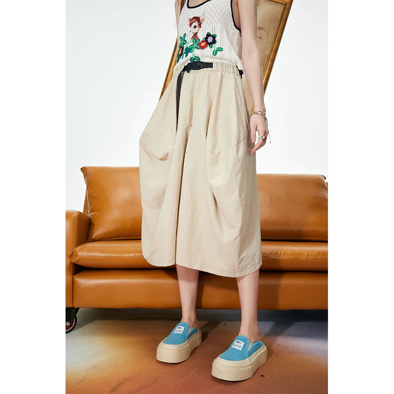ELFSACK Elastic Waist Buckle Strap Large Pocket Wide Leg Cropped Pants for Women