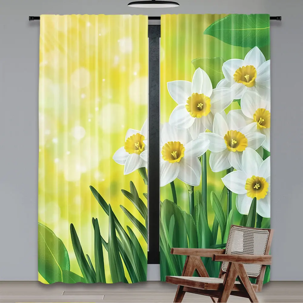 2Pcs Daffodil Shower Curtain Daffodils Under Vibrant Tree Branch Leaves Petals Seasonal Bedroom Living Room Bathroom Decor