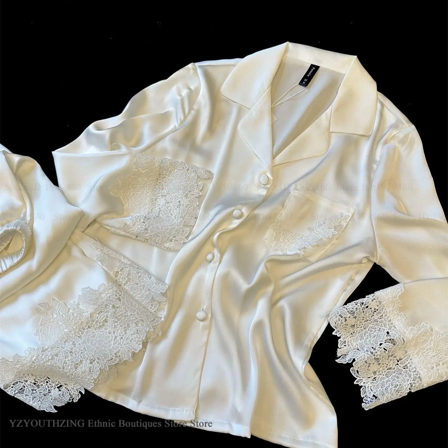 Female Pajamas Set White Satin Lace Trim Bride Wedding Sleepwear Gift Homewear Sexy Loose Long Sleeve Trouser Suit Loungewear