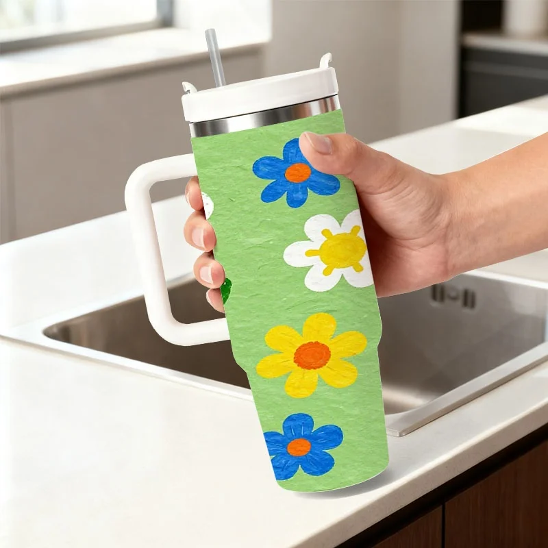1pc Vibrant Cute Daisies & Colorful Blooms Digital Print 40oz Stainless Steel Insulated Tumbler, Double Wall Leakproof Travel Mug for Daily Drinks, Commutes & Outdoor Adventures