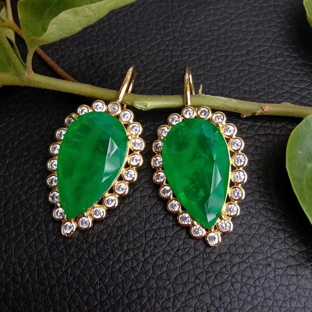 YYGEM 21x31mm Boho Drop Earrings Green Quartz Clear Cz Teardrop Hook Dangle Earring Jewelry