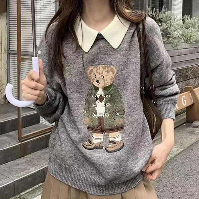 Korean Fashion Classic Bear Sweater Loose Winter Autumn Long Sleeve Gray Tops Cute Cartoon Jacquard Sweater Pullover Harajuku