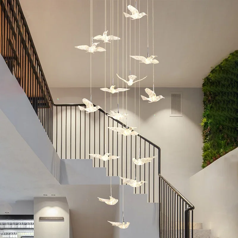 Bird Design Led Chandelier For Staircase Luxury Living Room Hanging Lighting Fixture Corridor Long Spiral Acrylic Lamps